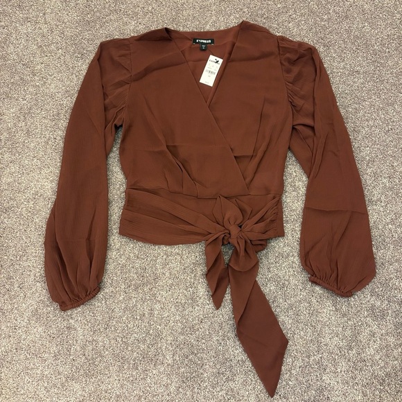 Express Womens Top Size XS V-Neck Faux Wrap Tie Waist Long Sleeves Lined NWT $54 - Picture 5 of 16